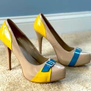 Nude Platform Heels with blue & yellow
